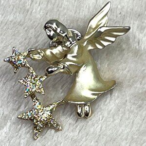 Gigio Giusti Angel Stars Pin Brooch Gold Tone Rhinestone Sparkle